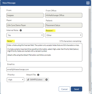 In the New Message window, the Reason and Note fields are highlighted in yellow at center.